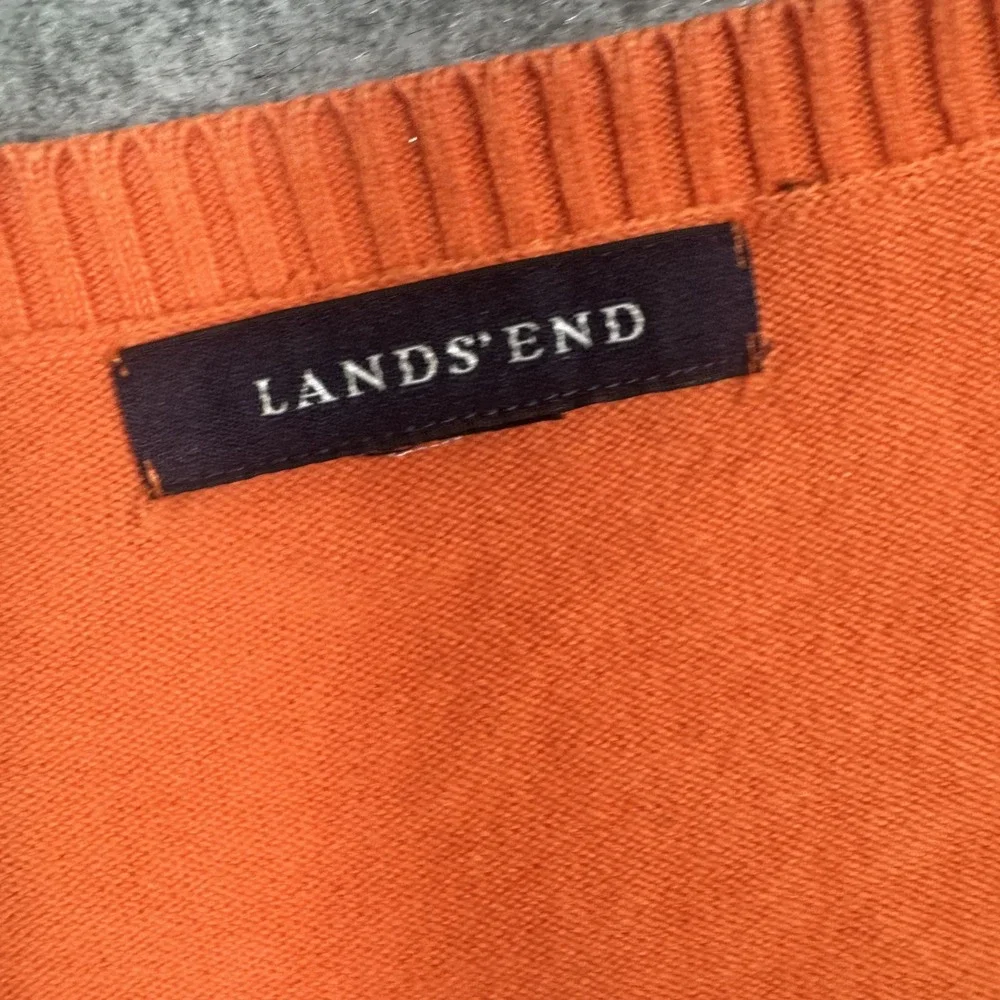 Lands' End V-Neck Sweater Large Orange Solid Knit Cotton Blend
